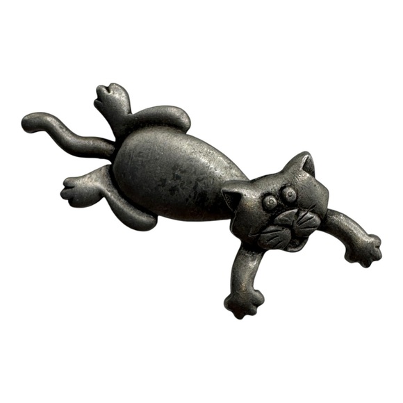 J&J Jewelry - Vintage JJ‎ Cat Brooch Pin - Pewter Finish - Stretching Cat Design - Signed JJ